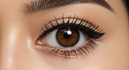 Fototapeta premium Close-up of a captivating brown eye with long lashes.