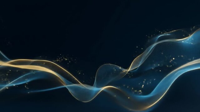 Elegant abstract digital waves with shimmering blue and golden light trails and sparkling particles on a dark background. Modern flowing graphic design. - Powered by Adobe