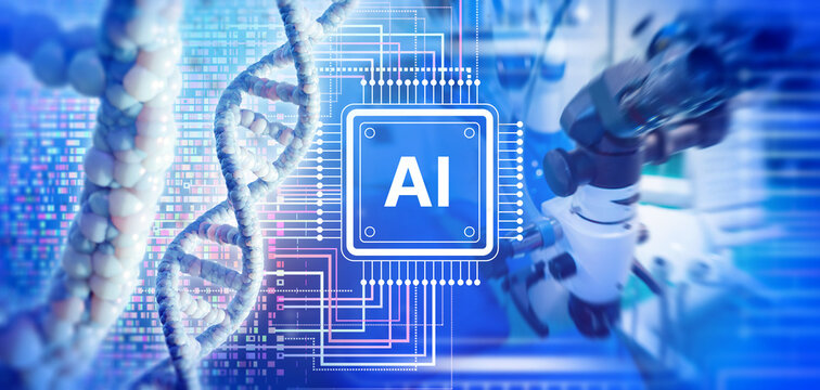 DNA strand with digital code, AI microchip and microscope symbolize artificial intelligence in genetics, biotechnology and medical research. Biotechnology, Medicine. - Powered by Adobe