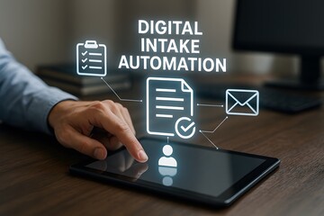 Modern technology, digital intake automation. Man hand with a tablet, concept of online form.