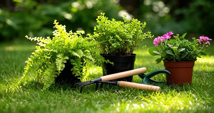 Various potted plants and gardening tools arranged on green grass outdoors