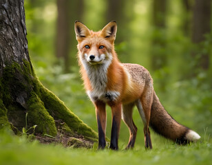 Fototapeta premium red fox in the wild, Red fox in summer forest, fox background