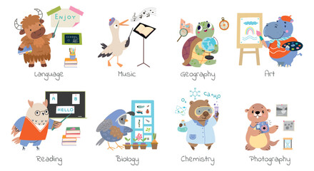 Cartoon animals teachers. Bear scientist or chemist, turtle geography, sparrow biology teaching. Funny animal characters for preschool, nowaday vector set