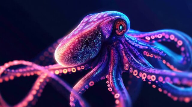 Bioluminescent octopus glows in the dark with pink, purple, and blue iridescent colors