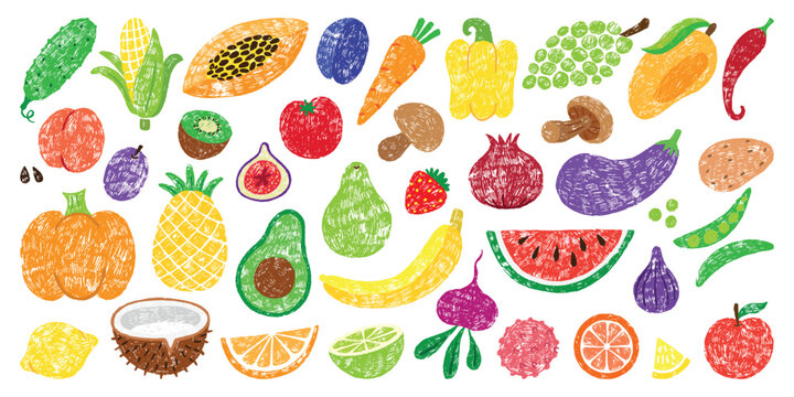 Children drawing vegetables and fruits. Crayon drawn mushroom pepper corn tomato. Sketch apple avocado pear. Farm fresh food neoteric vector clipart