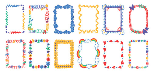 Children draw frames. Sketch scribble empty frame for photos, diploma, certificate. Simple doodle design with clouds, rainbow, neoteric vector set