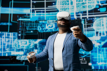 Black businessman using advanced technology VR headset tools to explore data science, automation and AI ethics in a digital data processing environment. Works on machine learning.