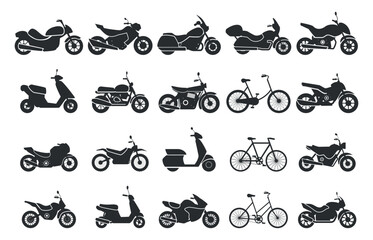 Black motorcycle bicycle icons. City vehicle silhouettes, motorbikes stickers for interior design. Isolated delivery, motocross, travel transport, sapid vector set