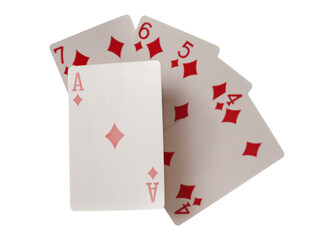 Playing cards for poker and gambling, suit of diamonds isolated on white background with clipping path	