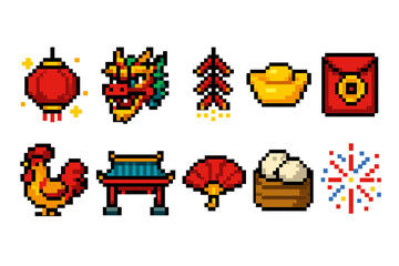 Chinese new year pixel icon set. festive and traditional symbols in pixel style