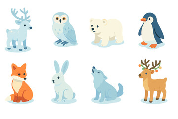Winter animals icon set. cute woodland creatures in flat style