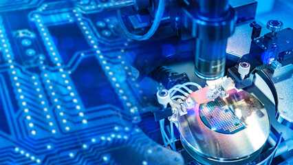 Microchip production with silicon wafer under high precision microscope for quality control and...