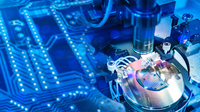 Microchip production with silicon wafer under high precision microscope for quality control and testing, semiconductor manufacturing.