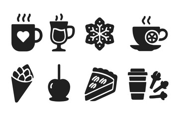 Winter food and drink silhouette icon set for seasonal menus and cozy cafes