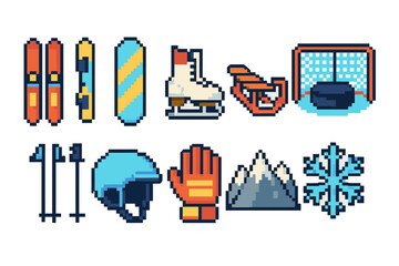 Obraz premium Winter sports flat icon set. skiing, snowboarding, ice hockey, and skating icons.