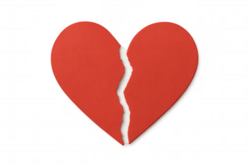 Red torn paper heart representing heartbreak, loss, and the ending of a beloved relationship, transparent background