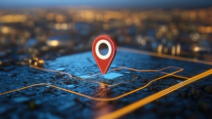 Big red location pin marker hovering over futuristic digital circuit map with glowing paths, copy space