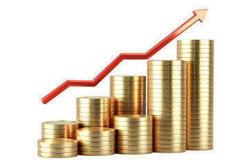 Stacks of gold coins with red arrow graph isolated on a transparent background stacks of coins