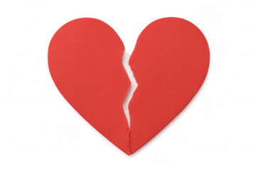 Broken heart made of torn red paper, symbolizing breakup, sadness, and separation on transparent background