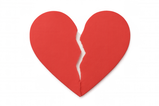Broken heart made of torn red paper, symbolizing breakup, sadness, and separation on transparent background