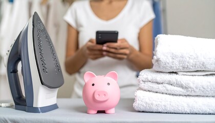 Woman ironing, phone, piggy bank