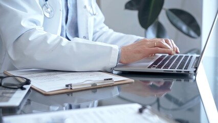 Doctor is using laptop computer in clinic office while sitting at the glass desk. Medicine concept
