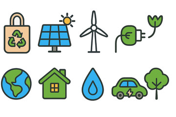 Eco-friendly energy icon set, sustainable environment outline style collection