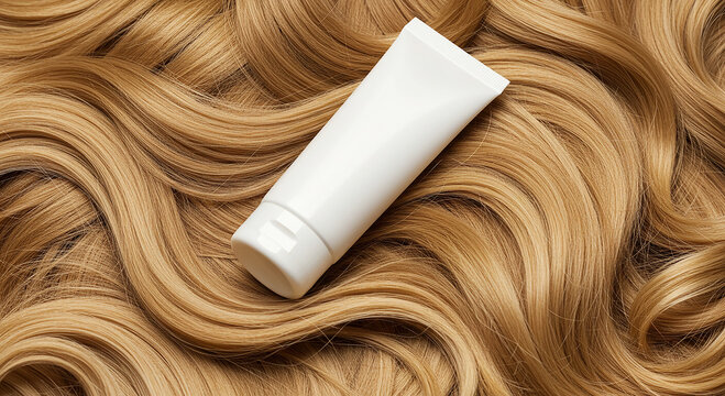 Hair care product on golden wavy hair, beauty and treatment concept.