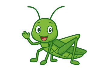 Green cartoon grasshopper happily smiling and waving, presenting a friendly insect character with a transparent background