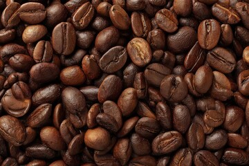 Close Up Of Roasted Coffee Beans Texture Dark Brown Tones Top View Food Background