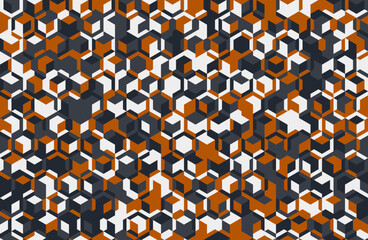 Abstract geometric seamless pattern.  Intricate design of interlocking cubes in shades of orange, grey, and white.