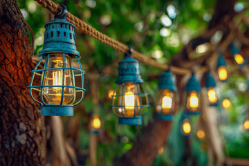 Vintage-style outdoor string lights hanging from a tree, creating a warm and inviting atmosphere