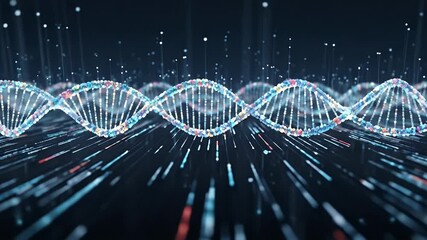 Abstract 3D Render of a DNA Strand with Glowing Particles and Light Trails against Dark Background - Powered by Adobe