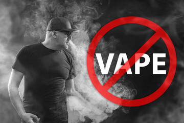 Man in cap exhaling vape smoke with prohibition sign and word VAPE, symbol of ban on electronic cigarettes, health risk, no smoking, restriction.