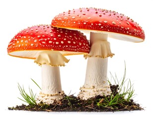Two red mushrooms on a patch of grass