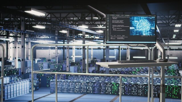 PC monitor on data center industrial platform displaying hardware status for AI training workflows. Workstation screen tracking servers processing machine learning datasets in industrial environment - Powered by Adobe