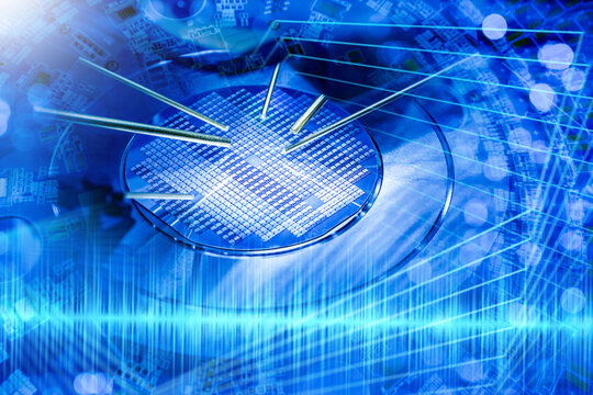 Microchip wafer testing with probes on semiconductor equipment, symbol of nanotechnology, electronics, computer hardware, data processing. Electronics manufacturing