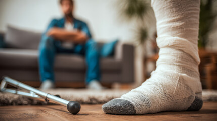 Obraz premium Man sitting on a couch with a blurred figure and a broken leg wrapped in bandages with crutch on the wooden floor in the foreground at home