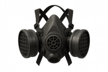 Black half-face respirator protecting against particles, gases, and vapors, ensuring worker safety, transparent background