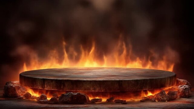 Fiery stage with smoke and lava around a circular platform. Intense atmosphere