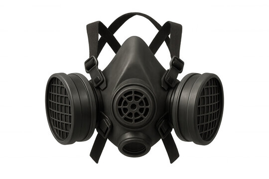 Black half-face respirator protecting against particles, gases, and vapors, ensuring worker safety, transparent background