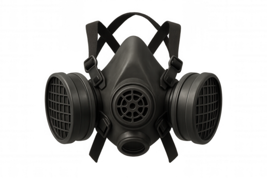 Black half-face respirator protecting against particles, gases, and vapors, ensuring worker safety, transparent background