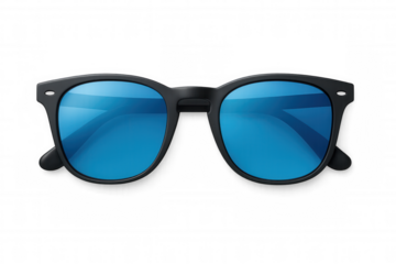 Eyewear fashion accessory with black frame and blue mirrored lenses on a transparent background