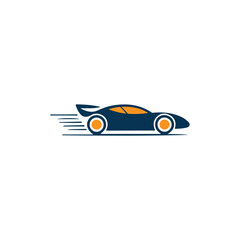 A sleek blue sports car with an orange wheel speeding forward