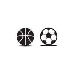 Simple black and white illustration featuring a basketball and a soccer ball
