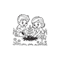 Children joyfully planting a small tree together in a garden scene