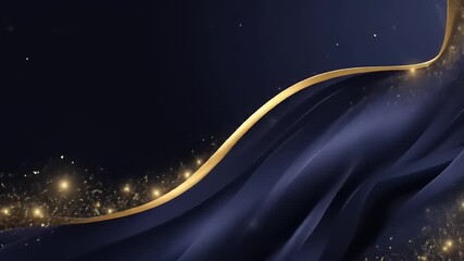 Abstract image features flowing dark blue cloth with a gold ribbon and floating particles - Powered by Adobe