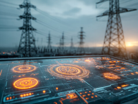 Futuristic digital interface with power transmission towers at sunset