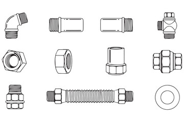 Collection of plumbing fittings and connectors isolated on transparent background