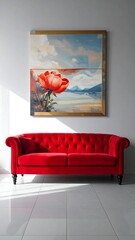 Red velvet sofa with painting